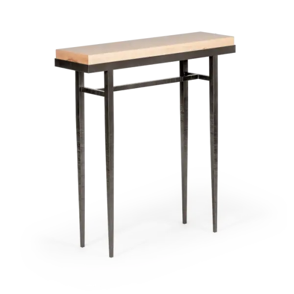 The smallest console table in the Wick Collection, the Wick 30" Console features a 1.5" thick, solid Vermont maple wood top in a choice of Clear, Grey, or Espresso finishes. The maple wood top fits securely, filling the console's narrow steel frame from edge-to-edge. Long, elegant, tapered steel legs are hand-hammered by our makers in the forge. Available in all standard finishes.