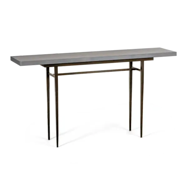 The long, elegant tapered legs and 1.5" thick, solid wood top define the Wick Collection of tables. The large 60" Wick Console Table features forged, hand-hammered, solid steel legs. Its solid maple wood top, offered in a choice of Clear, Grey or Espresso finishes, extends beyond the table's metal footprint to a full 5' usable surface length.
