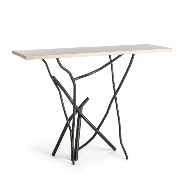 The Brindille Console Table is a showstopper with its trademark, artisan-made "branches" of hand-hammered aluminum that serve as the console's legs, with a solid Vermont maple wood top that completes the organic nature of the Brindille Collection. It is an ideal piece to place against a wall, the back of a sofa or other furniture, to maximize the space. Available in all standard finishes. - alternate view