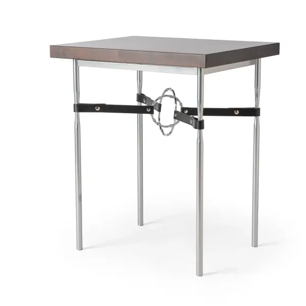 The Equus Side Table is the perfect accent to a sophisticated setting. This side table is perfect for living and lounge areas, studies and other spaces. With its artisanal leather strapping connected by hand-forged and hammered steel rings, this Equus Side Table features a solid Vermont Maple Top that completes the richness of materials complementing the steel and leather. Available in all standard finishes.