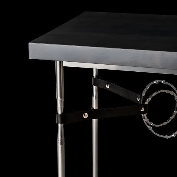 The Equus Side Table is the perfect accent to a sophisticated setting. This side table is perfect for living and lounge areas, studies and other spaces. With its artisanal leather strapping connected by hand-forged and hammered steel rings, this Equus Side Table features a solid Vermont Maple Top that completes the richness of materials complementing the steel and leather. Available in all standard finishes. - alternate view