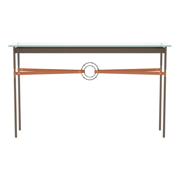 Society meets glam' in the Equus design. Equus Console Tables feature sophisticated details including artisanally-made leather strapping connected by hand-forged and hammered ring elements, reminiscent of martingales. Four fullered legs support a sleek, tempered glass top. Available in all standard finishes.