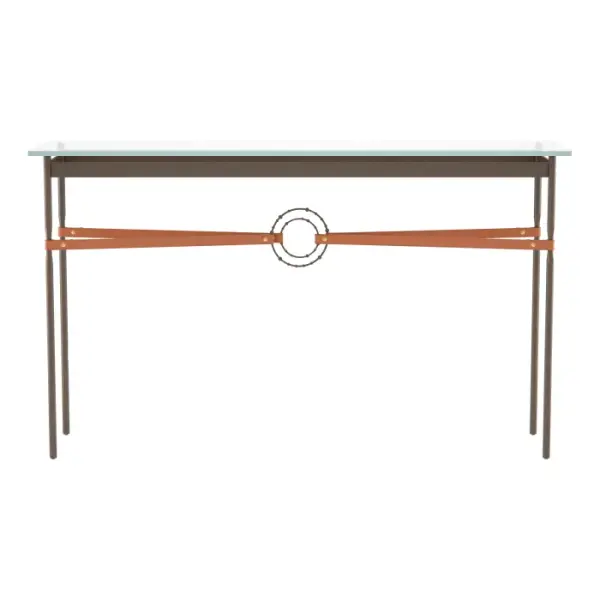 Society meets glam' in the Equus design. Equus Console Tables feature sophisticated details including artisanally-made leather strapping connected by hand-forged and hammered ring elements, reminiscent of martingales. Four fullered legs support a sleek, tempered glass top. Available in all standard finishes. - alternate view