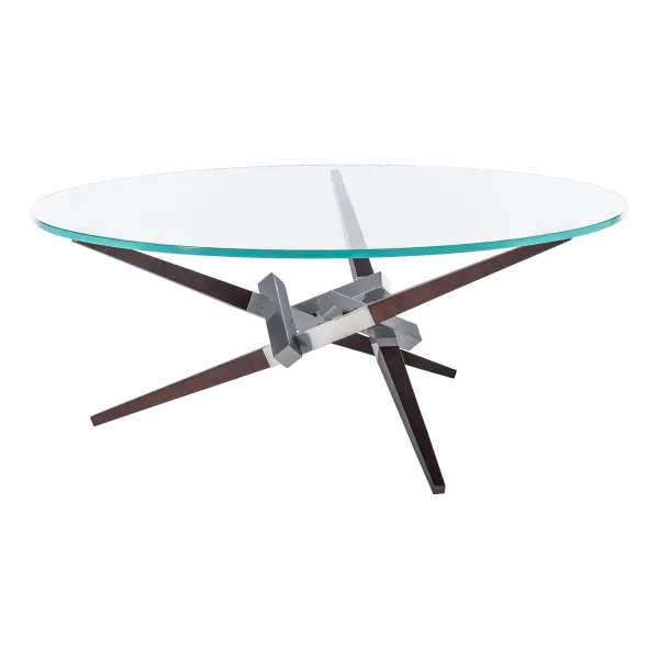 The Crux Collection adds beautiful and distinctive coffee tables to Hubbardton Forge's line of accent tables. This version combines glass (top), wood (legs) and aluminum (central piece). An alternate version features steel legs. Mixed materials are on display by our designers in this artful table created by our artisans in Vermont.