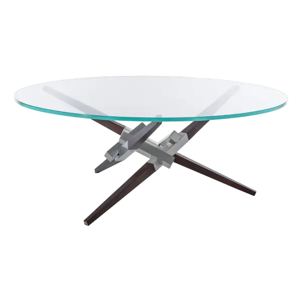 The Crux Collection adds beautiful and distinctive coffee tables to Hubbardton Forge's line of accent tables. This version combines glass (top), wood (legs) and aluminum (central piece). An alternate version features steel legs. Mixed materials are on display by our designers in this artful table created by our artisans in Vermont. - alternate view