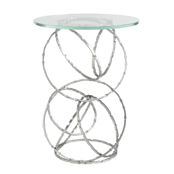 According to the Olympus' designer, David Martin, this is just the kind of puzzle he thrives on. "I was inspired by rings in creating the Olympus Collection." For this Olympus Accent Table, David's background as an Architect had him looking at cascading linear forms, creating movement using multiple rings in different orientations. Viewed through the glass top, the interaction of the hammered and stamped rings is mesmerizing.