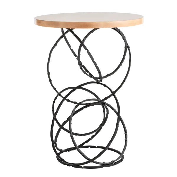 Former architect, now HF Designer, David Martin loves puzzles, which was as the basis of his Olympus Collection exploration. "I used multiple rings to create different forms" that became the "pedestal" for the Olympus Accent Table. Each ring is stamped and hammered by our artisans. When the "puzzle" is completed, a cascading linear form emerges. Featuring a round, Vermont maple wood top, available in three finishes, the Olympus is a stylish addition to any space. - alternate view