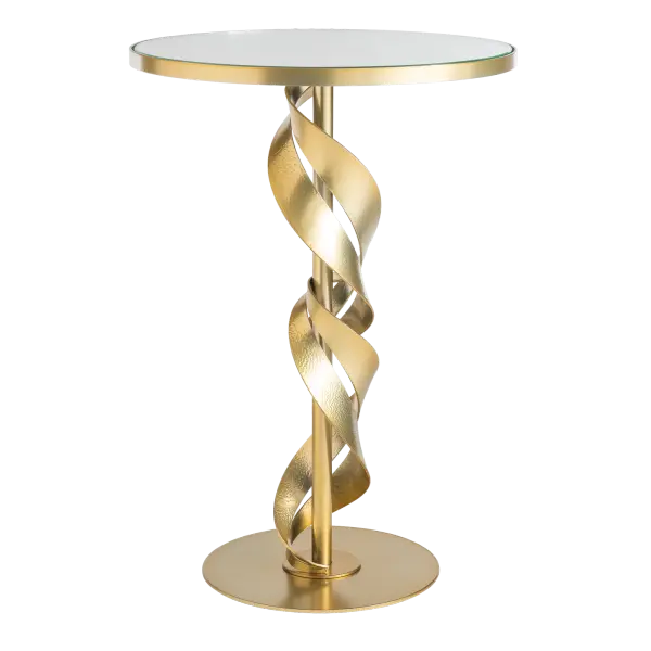 Make a bold statement in your living space with the Folio Accent Table. Hand-forged steel ribbons seem to dance around the pedestal. The Folio's craftsmanship celebrates the beauty of organic movement. With its sleek silhouette and fine details, it's a timeless accent for any room. Its clear glass top puts the Folio on full display. - alternate view