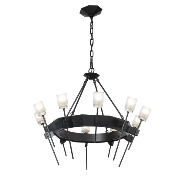 The Echo 10-Light Circular Chandelier combines both faceted and pure geometric forms, blending clean and gothic architectural elements. Rough, forged “hands” gently holding a delicate glass flower served as inspiration for the individual elements of this piece. Thick, frosted glass is perched on each delicate stem.