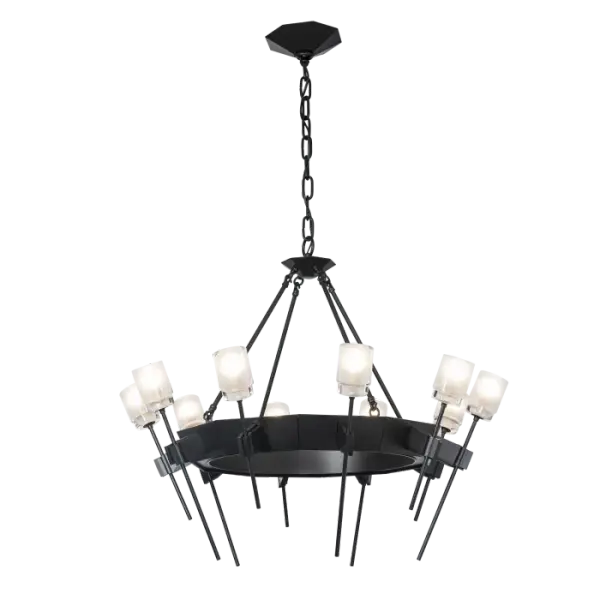 The Echo 10-Light Circular Chandelier combines both faceted and pure geometric forms, blending clean and gothic architectural elements. Rough, forged “hands” gently holding a delicate glass flower served as inspiration for the individual elements of this piece. Thick, frosted glass is perched on each delicate stem. - alternate view