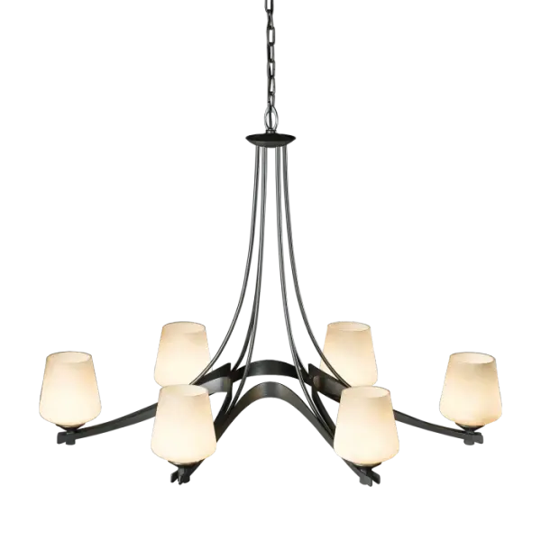 Our six-armed Oval Ribbon Chandelier is a perfect complement for room designs from traditional to modern. Flowing ribbons of hand-forged steel crescendo midway between each glass. Delicate steel tubes hold the piece to complete the composition.