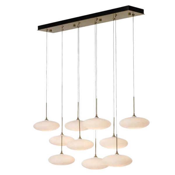 Inspired by nature, 10 white tortoiseshell-like glass shades give this pendant its name: Clouds. Each individual Cloud pendant can be easily staggered in height to customize your installation. The rectangular canopy allows for cable adjustments with no need to cut them, giving you the opportunity to change pendant heights at any time. - alternate view