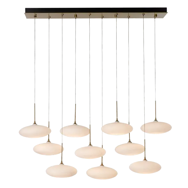 Inspired by nature, 10 white tortoiseshell-like glass shades give this pendant its name: Clouds. Each individual Cloud pendant can be easily staggered in height to customize your installation. The rectangular canopy allows for cable adjustments with no need to cut them, giving you the opportunity to change pendant heights at any time.