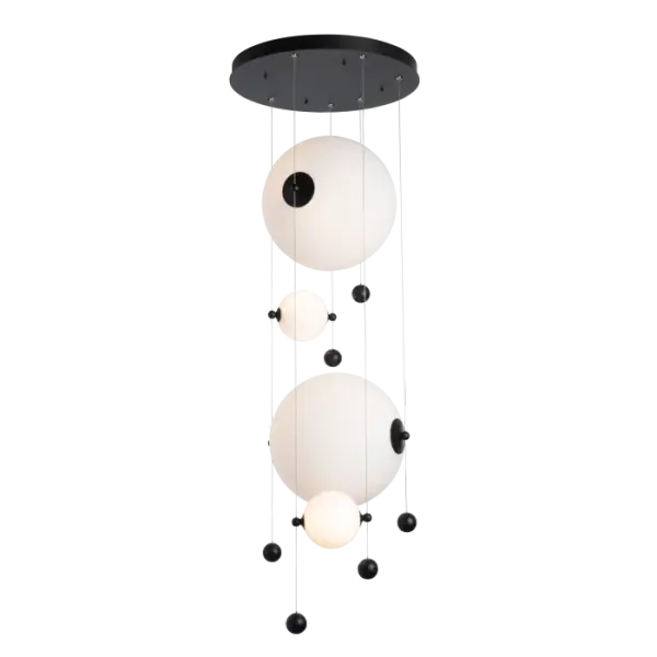 The award-winning Abacus Collection welcomes a new addition—the Abacus Round LED Pendant. Its round canopy is well-adapted to create a focal piece in a stairwell, large round dining table, foyer entry or as the center of attention in a great room. Multiple glass globes, both large and small, can be placed at customized heights, on staggered length low-voltage cables. - alternate view