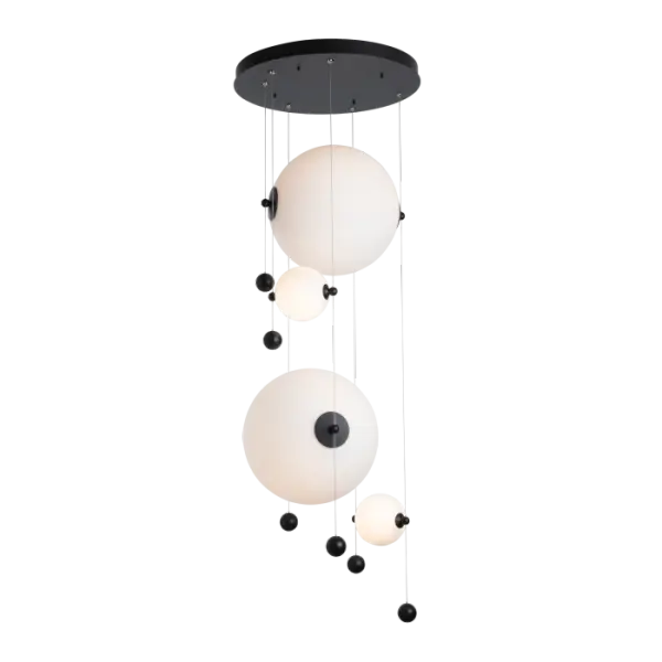 The award-winning Abacus Collection welcomes a new addition—the Abacus Round LED Pendant. Its round canopy is well-adapted to create a focal piece in a stairwell, large round dining table, foyer entry or as the center of attention in a great room. Multiple glass globes, both large and small, can be placed at customized heights, on staggered length low-voltage cables.