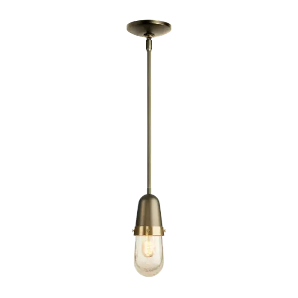 Hand-blown clear bubble glass created by the local artisans at AO Glass is in the spotlight for this design. A spun brass collar surrounds the glass to give the pendant just a touch of an industrial feel. Your choice of finishes for the pipe and socket completes the look. - alternate view