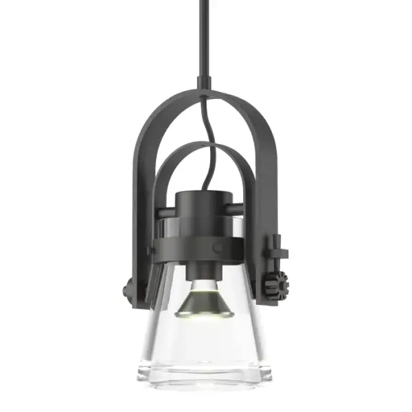 Inspired by the flat-bottomed Erlenmeyer flask, this pendant's blown-glass flask is encircled by a handcrafted steel collar fixed to an arch within an arch. The light's angle can be adjusted with the steel cog locked by a hand-wrought nail.