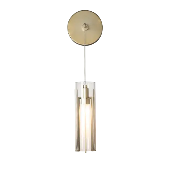 The Exos Collection pieces feature steel rods handcrafted to vertically support each shade. Glass double cylinders, with a frosted inner and a choice of clear or frosted outer glass shade offer a different feel and style for any space. You can set your own desired low voltage cable drop height for unique applications of this wall sconce, including vanity or beside, among others.