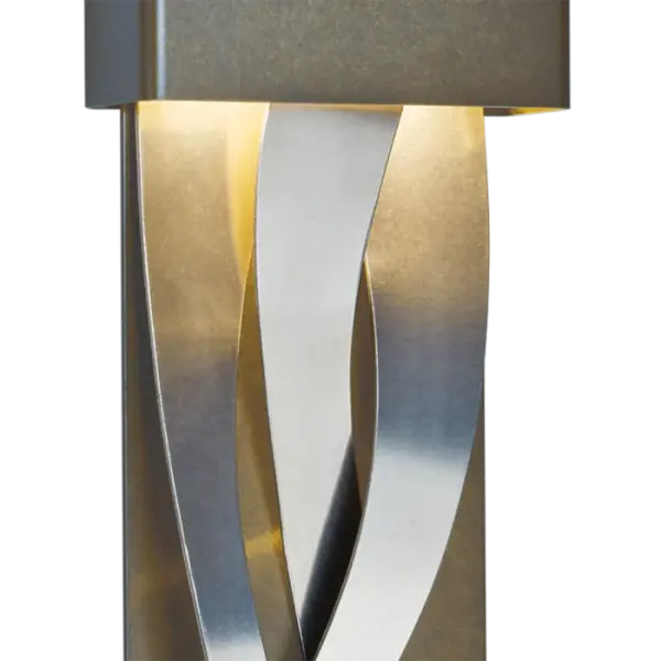 Three bands of metal intertwine to create a stunning sculptural design. The LED light flowing from the enclosure above creates a dramatic play of light and shadow. This transitional design is perfectly suited to both traditional and contemporary settings. - alternate view