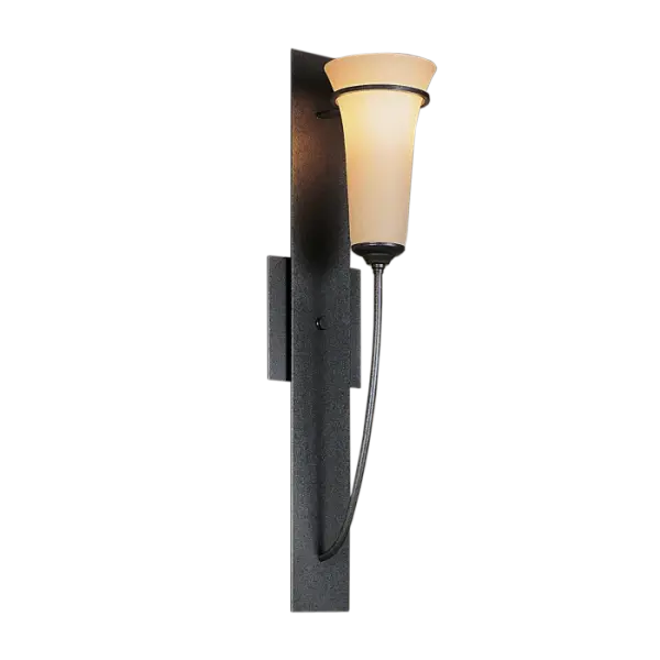 A clean, sleek design that evokes dreams of the Far East is the hallmark of our Banded Collection. True to the collection's name, a handcrafted steel band encircles the glass bell. A hand-forged, textured mounting plate provides the backdrop. - alternate view
