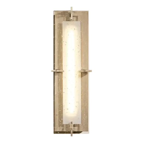 The LED concealed by opaque glass provides the illumination for our sconce. But the real shining design element is the seeded, thick glass panel. Handcrafted by artisans here at our forge in Vermont, each piece is unique. - alternate view