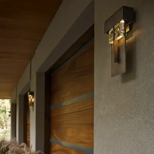 The Large Shard showcases grey-colored shards embedded in thick hand-poured clear glass blocks created by the Vermont artisans at AO Glass. An LED light reflects into and through the glass to create a captivating glow on the vertical metal back plate. Looks amazing indoors too.