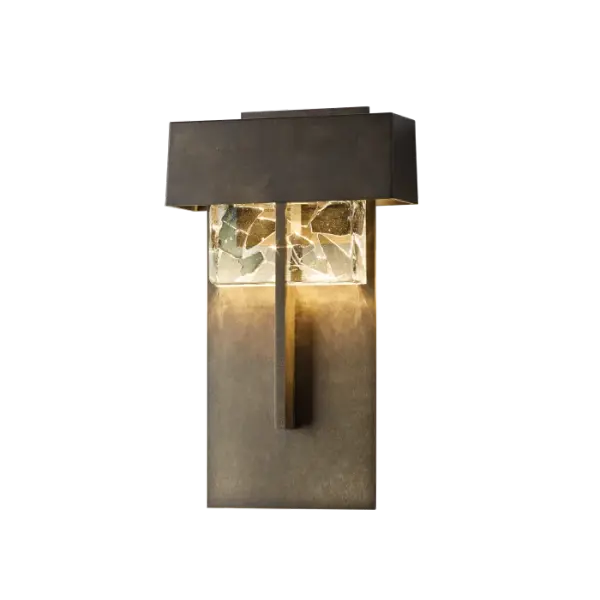 The Large Shard showcases grey-colored shards embedded in thick hand-poured clear glass blocks created by the Vermont artisans at AO Glass. An LED light reflects into and through the glass to create a captivating glow on the vertical metal back plate. Looks amazing indoors too. - alternate view