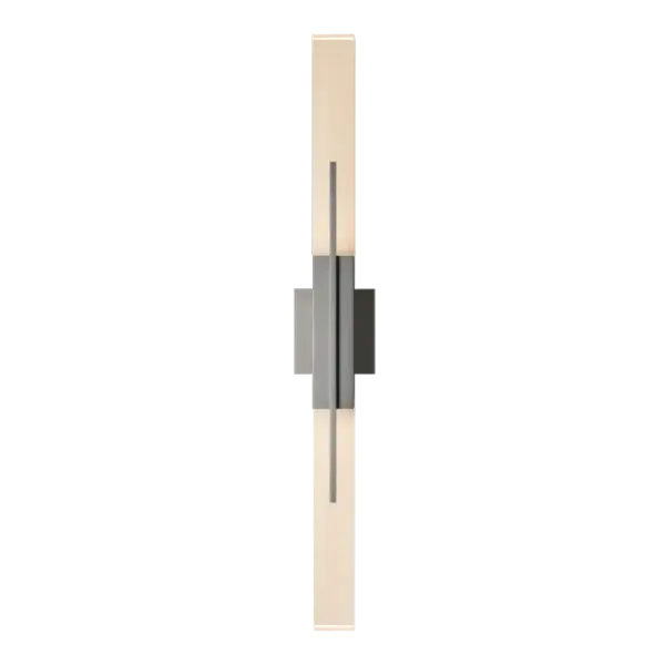 The clean contemporary lines and architectural profile of the Centre Large Outdoor Sconce create a design that complements transitional and contemporary exteriors alike. A single metal arm holds the thick bars of glass at either end—a wide central band bisecting the center. Available in two sizes, this sconce makes a straightforward and elegant statement. - alternate view