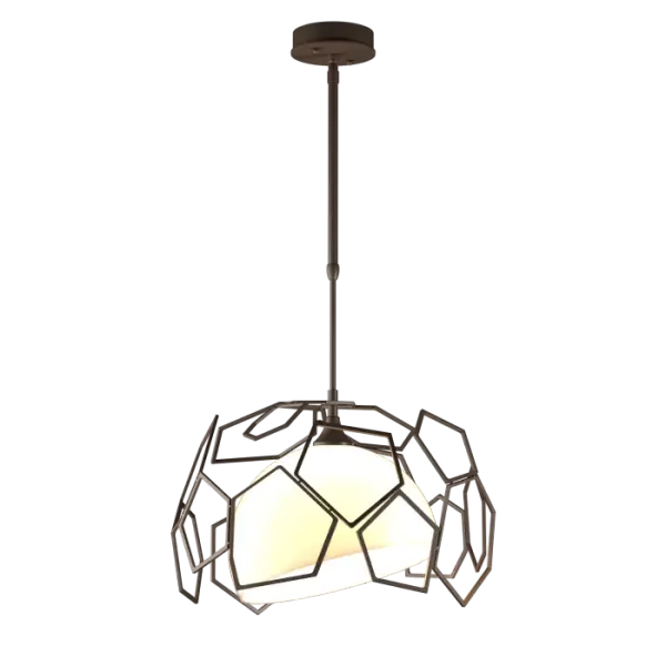 The Umbra Outdoor Living Pendant features an outer shade of connected metal polygons that surround an inner frosted glass shade. The polygon shade's asymmetrical shape coupled with the slant of the glass shade, delivers a design that suggests motion. Available in your choice of Coastal Outdoor Finish.
