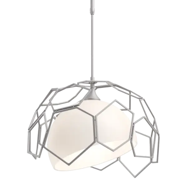 The Umbra Outdoor Living Pendant features an outer shade of connected metal polygons that surround an inner frosted glass shade. The polygon shade's asymmetrical shape coupled with the slant of the glass shade, delivers a design that suggests motion. Available in your choice of Coastal Outdoor Finish.