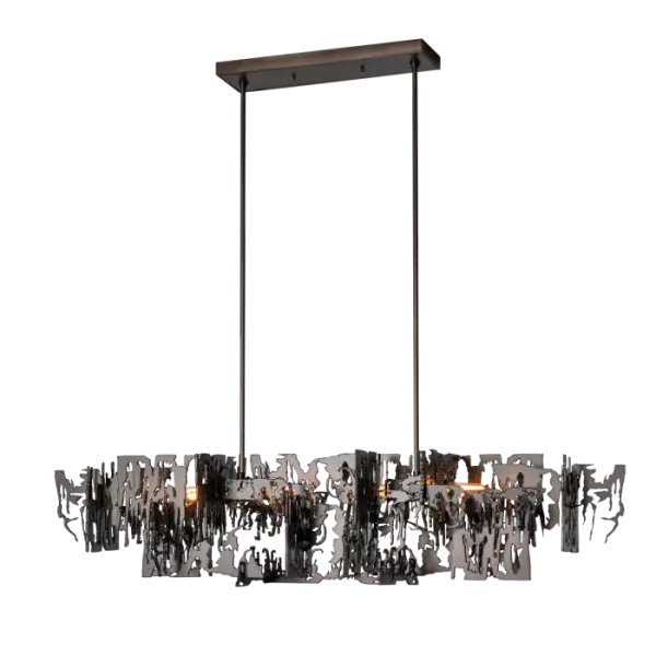 Brutus Pendant is a statement piece that will make a bold and aggressive statement in any space. The Brutalism movement of the ‘60s and ‘70s is revisited with this pendant design. Welded layers of steel are combined to create a unique, one-of-a-kind lighting fixture. Part of ART + ALCHEMY by Hubbardton Forge. - alternate view