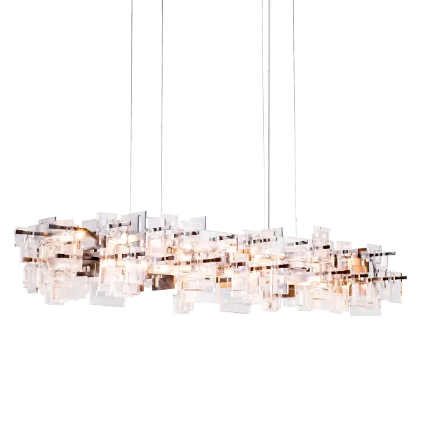 Part of ART + ALCHEMY by Hubbardton Forge, the Fusion Large Pendant is a modern pendant light that is perfect for a grand space. The staggered layers of thick, clear, seeded fused glass are displayed on a geometric metal framework. Incandescent bulbs give a warm wash of light over the entire composition. - alternate view