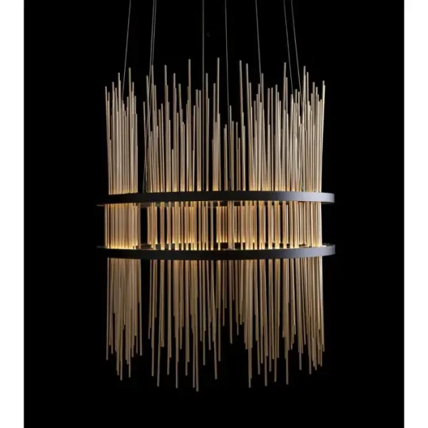 DIMENSIONS: 36” DIA x 42”H (84”OVERALL HEIGHT) DETAILS: TWO-TIER DESIGN WITH LED LAMPING STEEL FIXTURE WITH ALUMINUM ACCENTS INSPIRED BY OUR GOSSAMER COLLECTION LOCATION: PRIVATE RESIDENCE KAMAS, UT - alternate view
