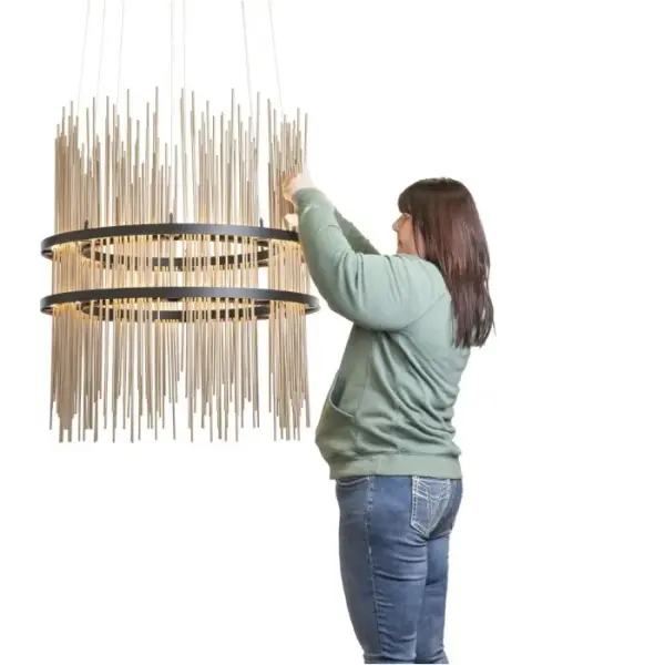 DIMENSIONS: 36” DIA x 42”H (84”OVERALL HEIGHT) DETAILS: TWO-TIER DESIGN WITH LED LAMPING STEEL FIXTURE WITH ALUMINUM ACCENTS INSPIRED BY OUR GOSSAMER COLLECTION LOCATION: PRIVATE RESIDENCE KAMAS, UT