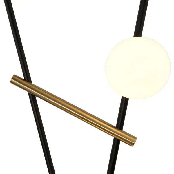 Black, Brushed Brass Crafted with a delicate interplay of elegance and functionality, the floor lamp from the Cortina collection is a modern masterpiece. Its luminous white globes, gracefully perched on a sleek black frame, are kissed with a hint of brass for a timeless touch of warmth. Featuring a convenient floor dimmer, it effortlessly adapts to illuminate any living room, office, or dining space with a soft and customizable glow. - alternate view
