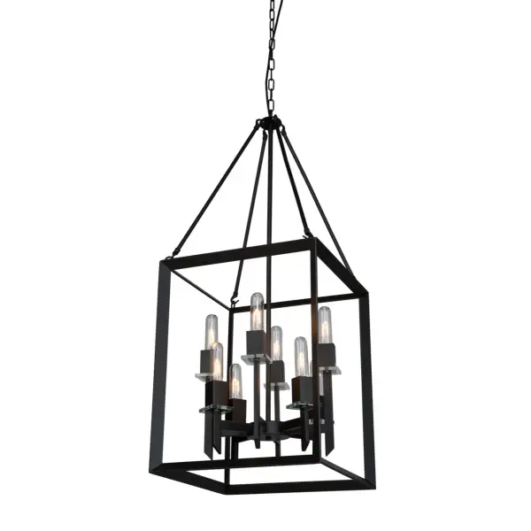 The Vineyard collection features a simple and sophisticated design with square tubing and glass bobech. Comes in a matte black finish (8 light chandelier)