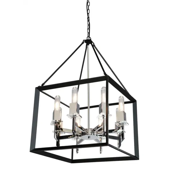 The Vineyard collection features a simple and sophisticated design with square tubing and glass bobech. Comes in a matte black finish (8 light chandelier)