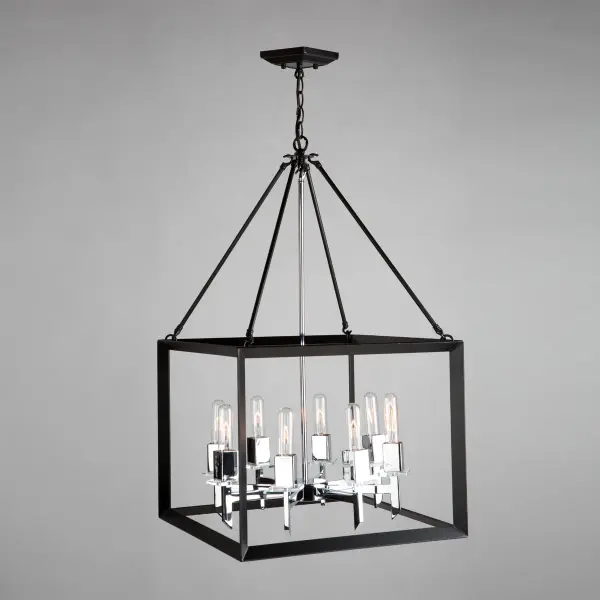 The Vineyard collection features a simple and sophisticated design with square tubing and glass bobech. Comes in a matte black finish (8 light chandelier) - alternate view
