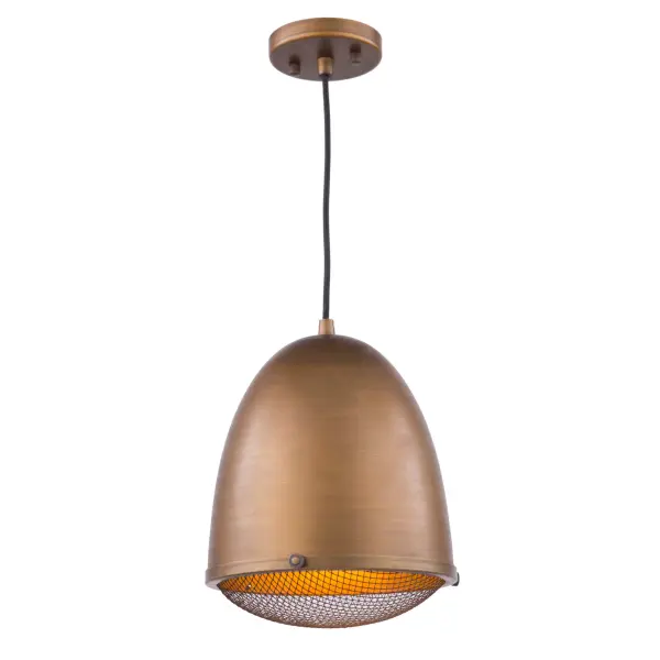 The Retro Loft collection of single pendants features a stunning plated bronze finish, with metal mesh on the bottom, suspended with black wire that is height adjustable. 10.25” diameter model shown but also available in larger and smaller sizes.