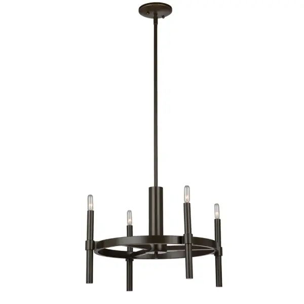 The “Encore” collection, features precise thin candles on circular airy frames. This light design is pleasing to the eye and comes in two finishes. Shown in oil rubbed bronze and available in a plated polished nickel as well. (Extra rods included for easy height adjustment, and handstraight for sloped ceilings.)