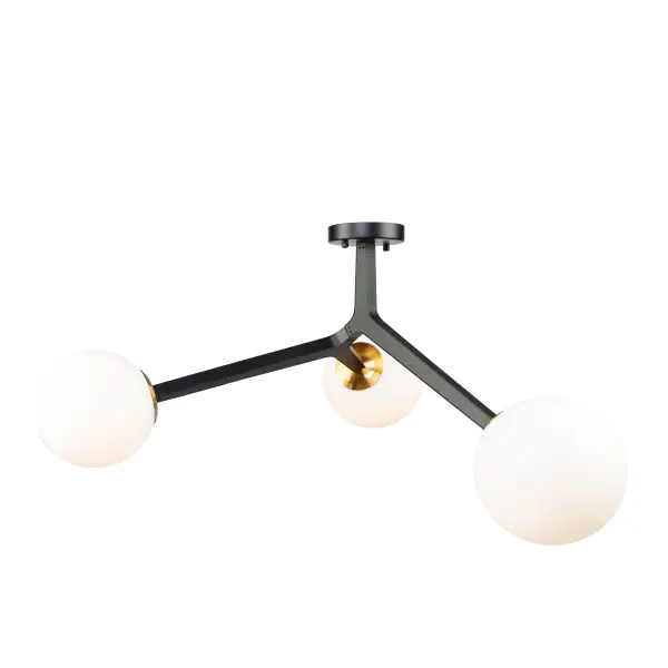Black & Harvest Brass The Ravello collection features black organically styled natural looking frames with circular opal glassware with harvest brass cups. 3 light pendant shown.