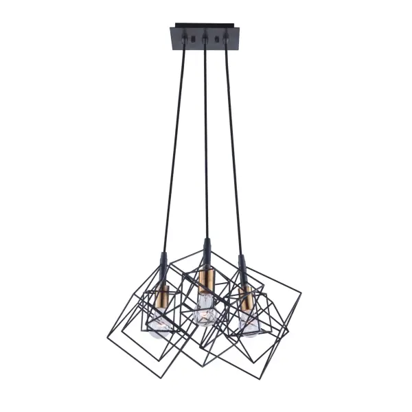 Geometric in design the Artistry collection is meets the transitional type décor criteria. The outer frame is matte black and the interior is plated in harvest brass. Triple pendant shown. (Also available with polished nickel