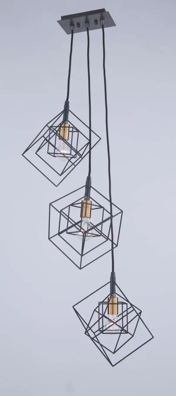 Geometric in design the Artistry collection is meets the transitional type décor criteria. The outer frame is matte black and the interior is plated in harvest brass. Triple pendant shown. (Also available with polished nickel - alternate view