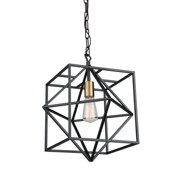 Linear in design, the Roxton collection is comprised of a matte black exterior cage which a diamond within a square that encases a harvest brass inner chandelier cluster. Single pendant shown.