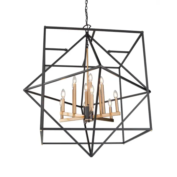 Linear in design, the Roxton collection is comprised of a matte black exterior cage which a diamond within a square that encases a harvest brass inner chandelier cluster. 12 light shown (smaller versions available)