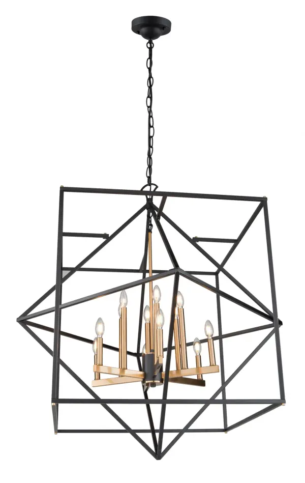 Linear in design, the Roxton collection is comprised of a matte black exterior cage which a diamond within a square that encases a harvest brass inner chandelier cluster. 12 light shown (smaller versions available) - alternate view