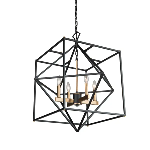 Linear in design, the Roxton collection is comprised of a matte black exterior cage which a diamond within a square that encases a harvest brass inner chandelier cluster. 4 light shown (larger versions available)