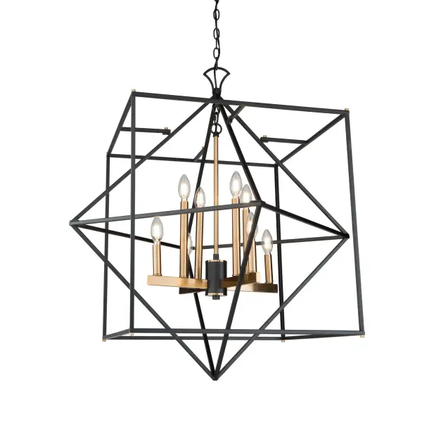 Linear in design, the Roxton collection is comprised of a matte black exterior cage which a diamond within a square that encases a harvest brass inner chandelier cluster. 8 light shown (other sizes available)