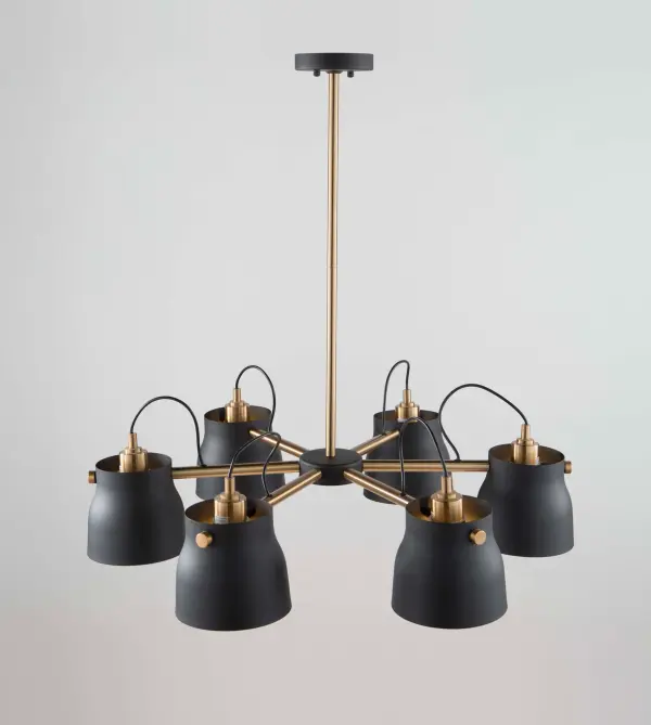 The Euro Industrial collection features matte black metal shades complimented with harvest brass nobs, hardware and rods. The interior of the metal shades is plated in a reflective black. Wire comes out of socket for an industrial look. (Other chandelier sizes and wall sconce available). 6 lite chandelier shown. - alternate view