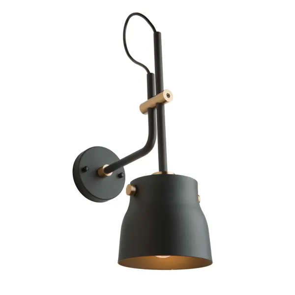 The Euro Industrial collection features matte black metal shades complimented with harvest brass nobs, hardware and rods. The interior of the metal shades is plated in a reflective black. Wire comes out of socket for an industrial look. Wall sconce shown. Matching chandeliers and single pendant available.